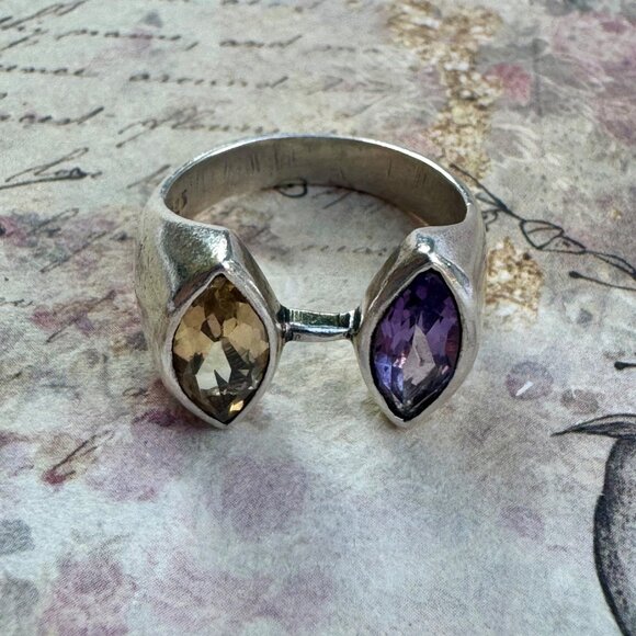 Citrine & Amethyst Gemstones 925 Silver Vintage Bypass Ring Size 7.75 - Picture 2 of 10